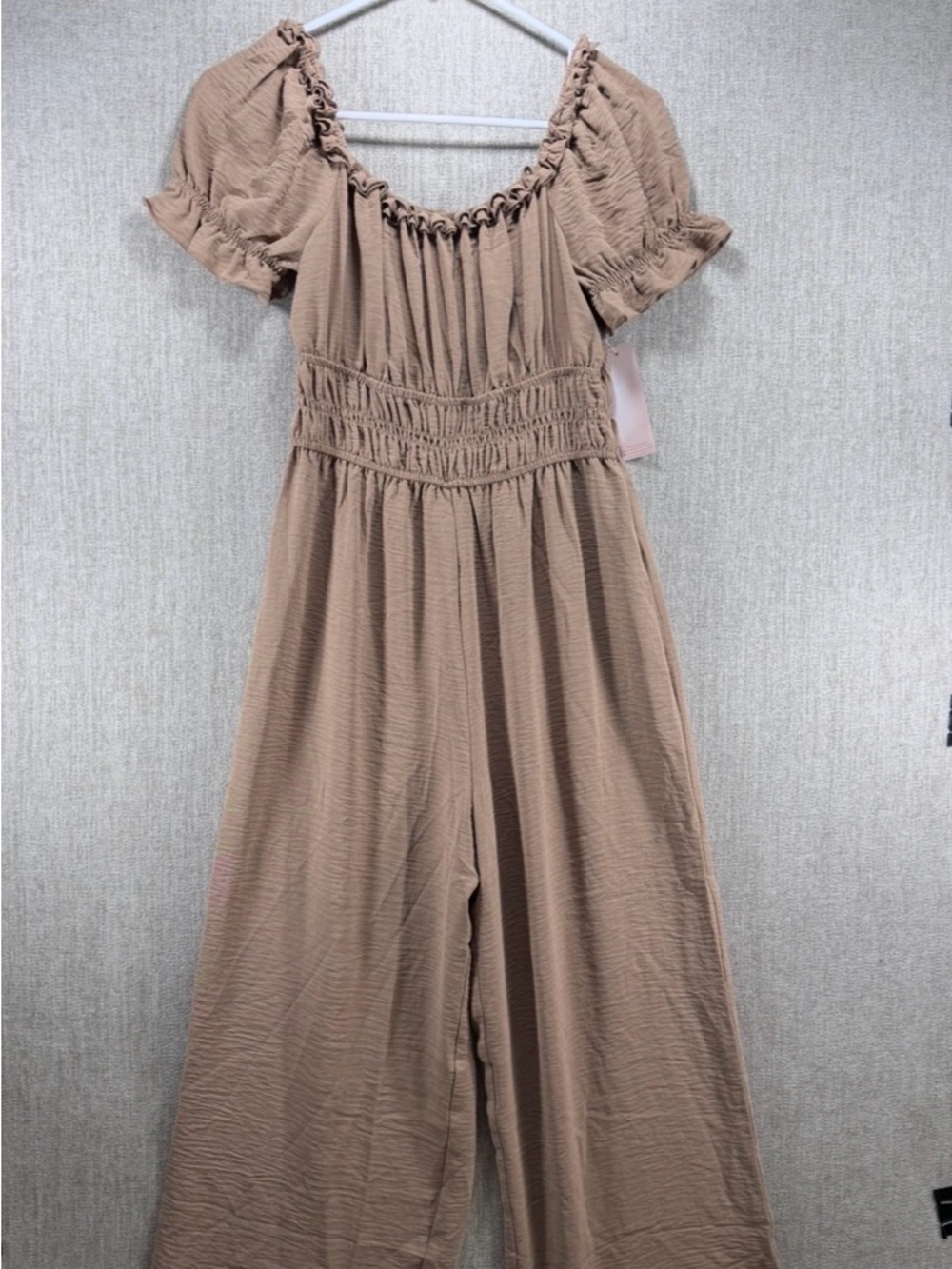 NWT Inspired Hearts Taupe Smocked Wide Leg Jumpsuit Boho M